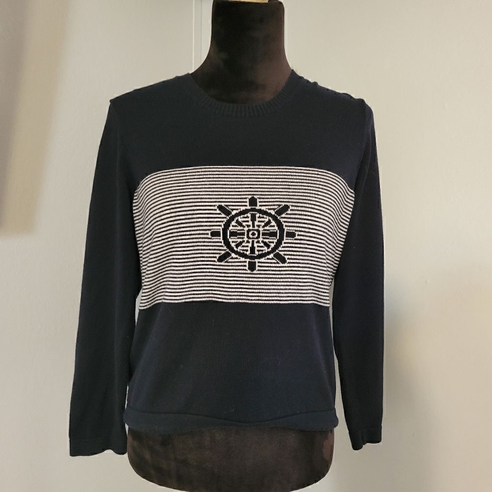 Vintage Casual Corner Black White Nautical Stripe Cotton Sweater Size M